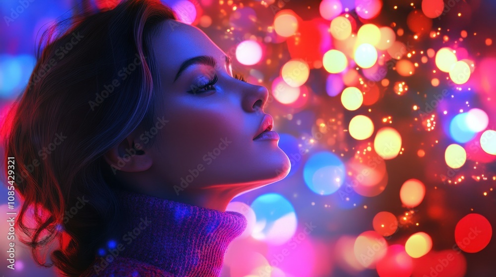 A woman in a stylish turtleneck sweater basks in the glow of vivid string lights, creating a festive yet refined scene of modern artistic expression A woman in a stylish turtleneck sweater basks in the glow of vivid string lights, creating a festive yet refined scene of modern artistic expression