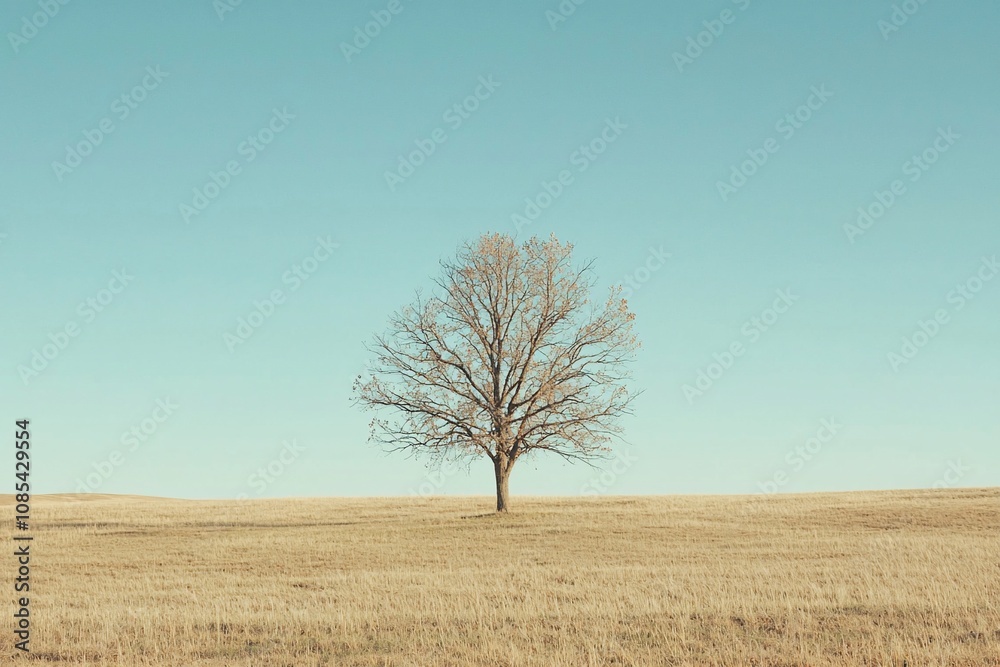 Solitary Tree Against a Clear Sky in a Grassy Landscape Solitary Tree Against a Clear Sky in a Grassy Landscape