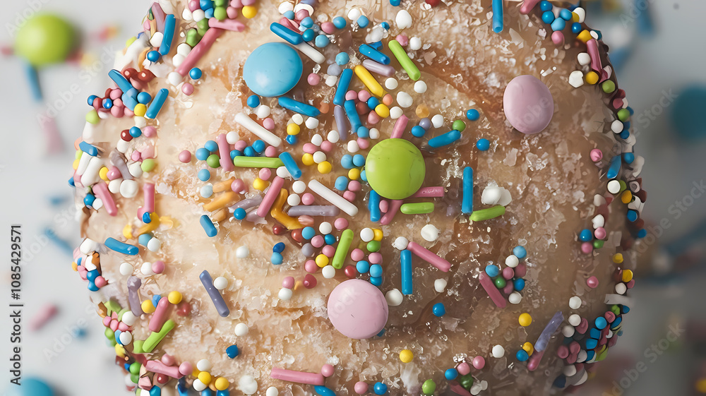 Delicious close-up of a frosted doughnut topped with colorful sprinkles, featuring pastel pink, blue, and green candy pieces. Perfect for dessert lovers and sweet treats enthusiasts. Delicious close-up of a frosted doughnut topped with colorful sprinkles, featuring pastel pink, blue, and green candy pieces. Perfect for dessert lovers and sweet treats enthusiasts.