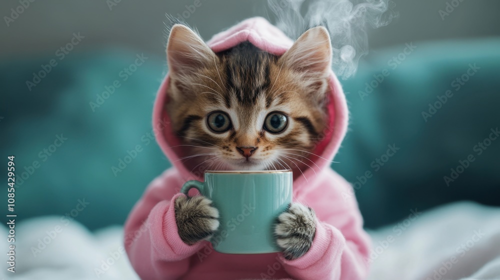 Naklejka premium Adorable kitten in a pink hoodie, holding a steaming mug with tiny paws, sitting against a warm and cozy backdrop