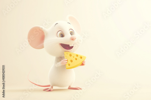 A cute white mouse holding a piece of cheese on a plain background. A playful and endearing image, great for children's themes or storytelling. photo