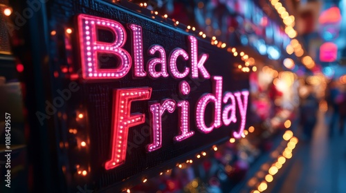 Black Friday Sign Illuminates Shopping Frenzy: A vibrant neon sign announces Black Friday, casting a warm glow against a blurred backdrop of bustling shops.