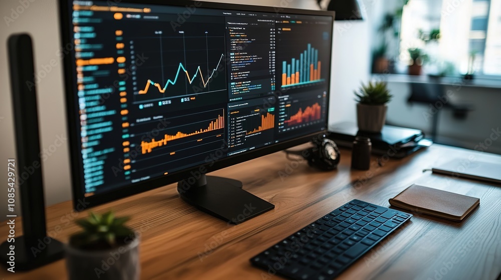 Close-Up View of a Data Analyst's Modern Office Desk with an Ultra-Wide Monitor Displaying Interactive Data Dashboard, Line Graphs, Pie Charts, and a Map with Color-Coded Data Points, Close-Up View of a Data Analyst's Modern Office Desk with an Ultra-Wide Monitor Displaying Interactive Data Dashboard, Line Graphs, Pie Charts, and a Map with Color-Coded Data Points,