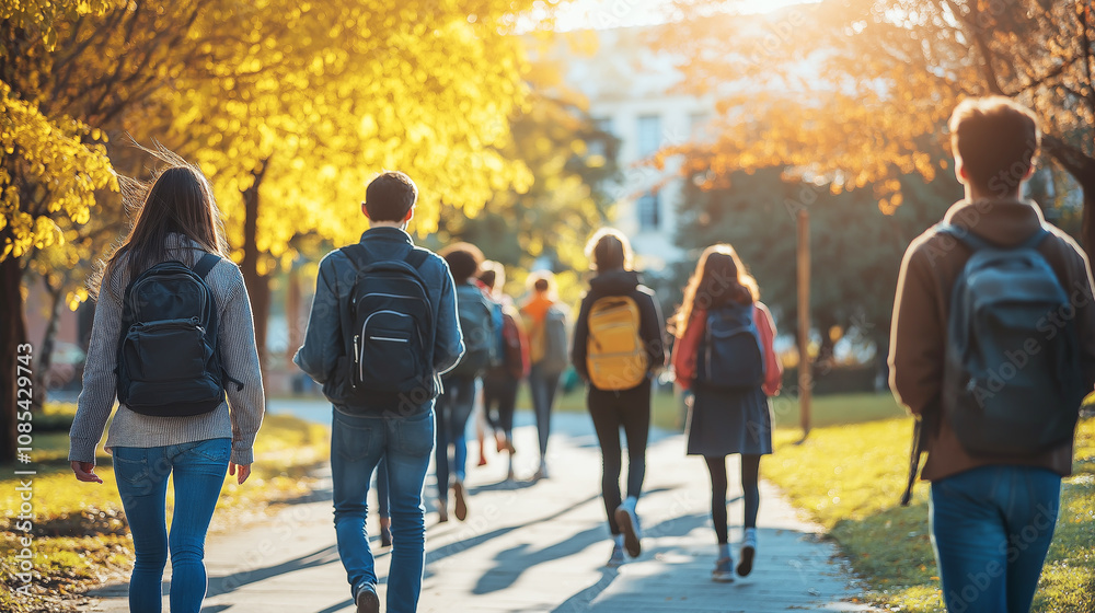 Obraz premium A group of students walking along a sunlit path in autumn. Backpacks and colorful trees create a vibrant, seasonal atmosphere of learning and exploration.