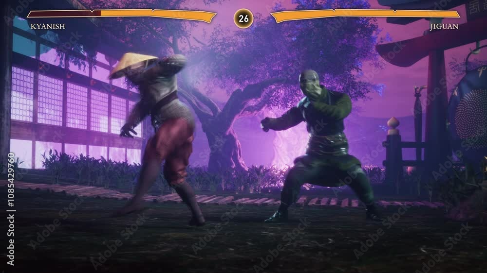 Animation of the virtual fighters vs each other in a combat video game. Gameplay displaying the fighter vs enemy in the combat simulator. Fighter vs rival character engaged in combat. kung fu