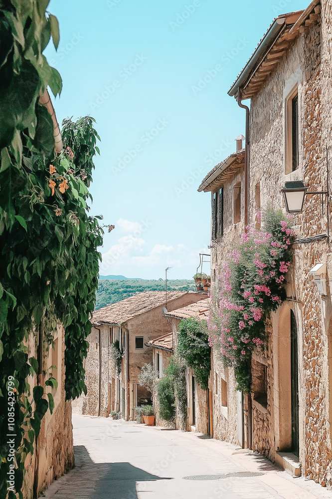 Fototapeta premium A charming street in a Mediterranean village with rustic houses, cobblestones, and lush greenery. The vibrant, sunny atmosphere evokes travel and cultural exploration.