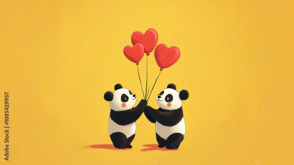 Against a vibrant yellow background, two pandas hold red heart-shaped balloons, embodying cuteness, love, and a joyful spirit in perfect harmony