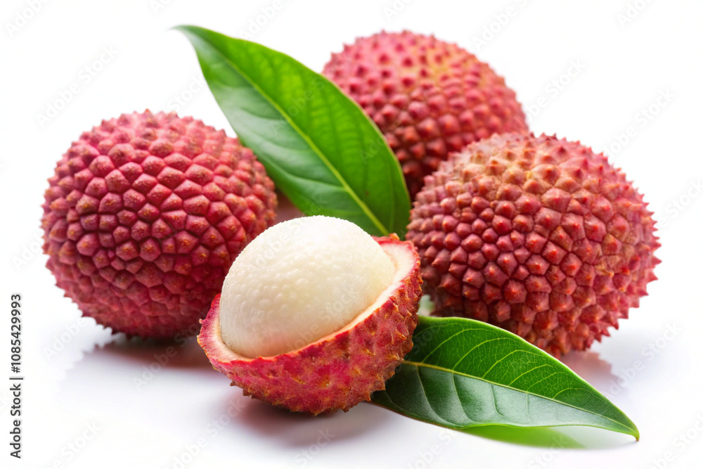 Fresh lychee with leaves, isolated on White background Fresh lychee with leaves, isolated on White background