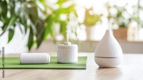 Modern Gadgets on Wooden Table with Yoga Theme