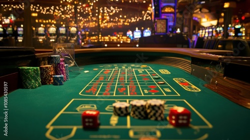Wallpaper Mural Casino craps table with dice, chips, and betting lines, set against a lively background of lights Torontodigital.ca
