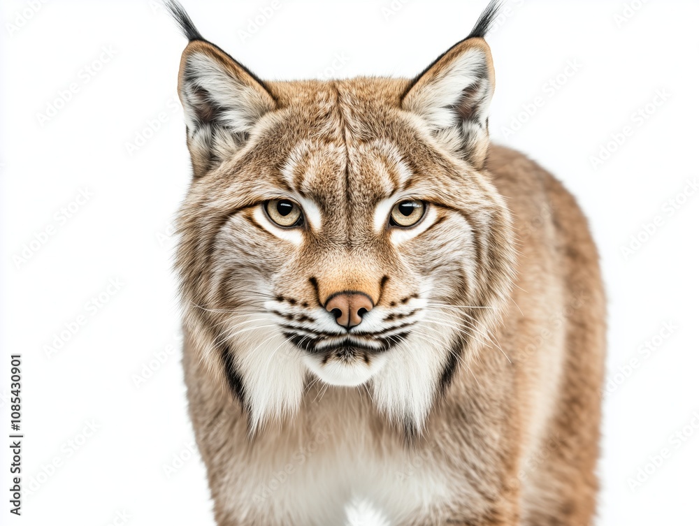 Lynx looking forward with a determined expression, showcasing its distinctive spotted fur and strong physique, cropped portrait, isolated on white background Lynx looking forward with a determined expression, showcasing its distinctive spotted fur and strong physique, cropped portrait, isolated on white background