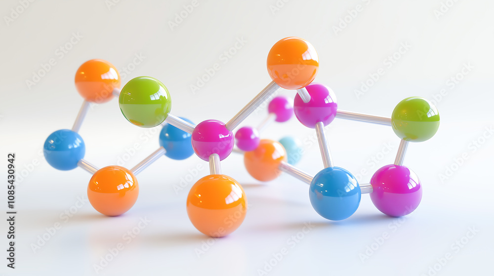 Fototapeta premium A colorful molecular model set interconnected to represent the formation of a polymer chain, The model spheres (atoms) connected by sticks (bonds), forming a long, intricate chain structure