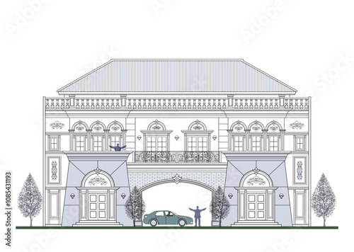Facade of 2 storeys symmetrical modern classic building with 2 doors, 12 windows, balustrade, frame, 8 columns, a gate, canopy, crowns, balcony, trapezoidal wall element and roof.