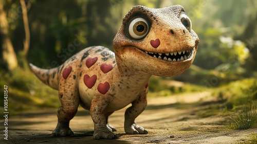 A Lovable Megalosaurus with Heart-Shaped Spots, Big Soft Eyes, and a Happy Smile, Featuring a Chubby Rounded Body and Extra Charm from the Cute Heart Patterns. photo