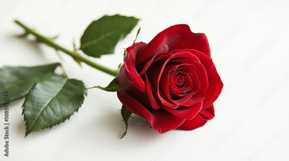 Red rose with fresh leaves placed elegantly on a white background, symbolizing love and romance, perfect for special occasions Red rose with fresh leaves placed elegantly on a white background, symbolizing love and romance, perfect for special occasions
