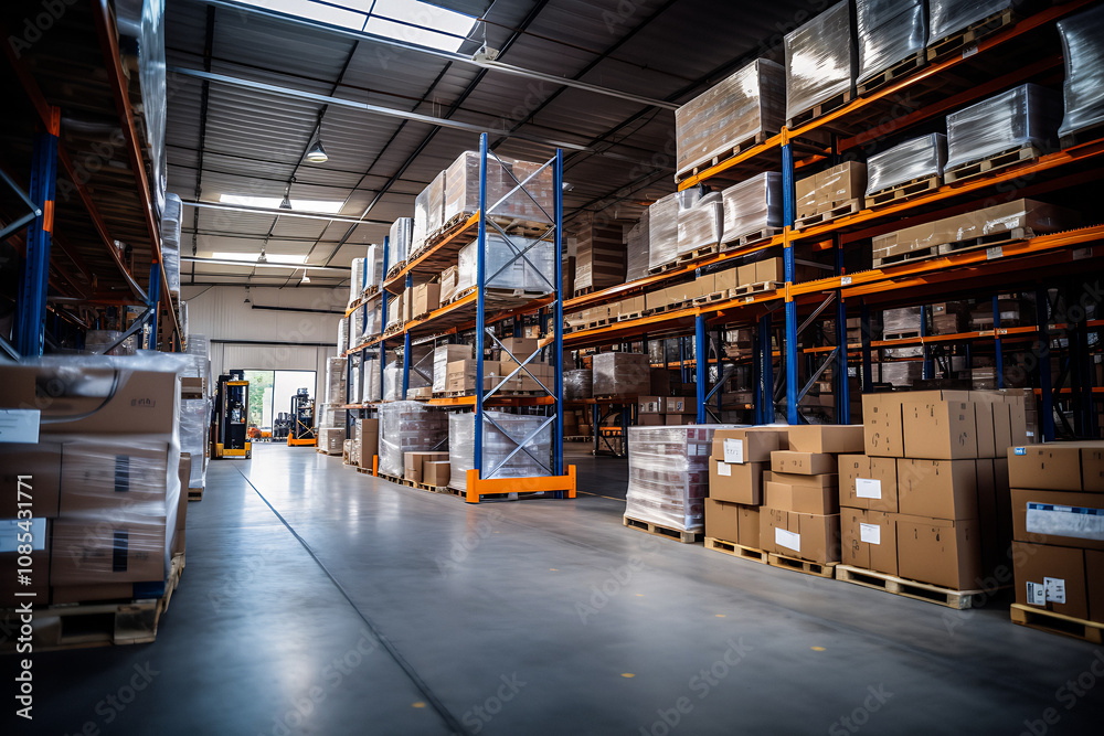 A retail warehouse with cartons, pallets, and forklifts, surrounded by logistics and transportation, serves as a product distribution center. A retail warehouse with cartons, pallets, and forklifts, surrounded by logistics and transportation, serves as a product distribution center.