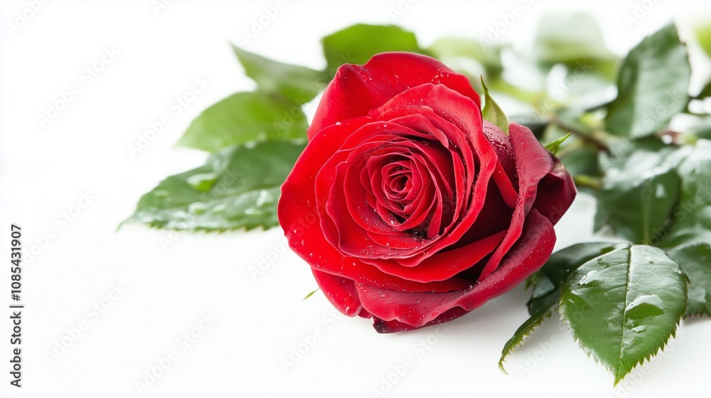 Elegant red rose with dew drops resting on green leaves against a soft white background during daylight hours Elegant red rose with dew drops resting on green leaves against a soft white background during daylight hours