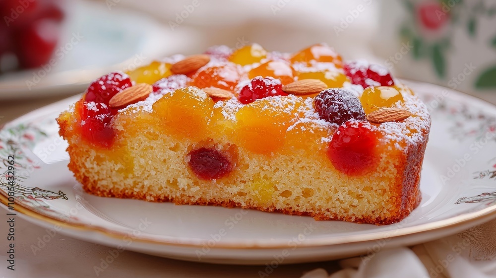 Rosca de Reyes slice, topped with vibrant candied fruits and almonds, porcelain plate Rosca de Reyes slice, topped with vibrant candied fruits and almonds, porcelain plate
