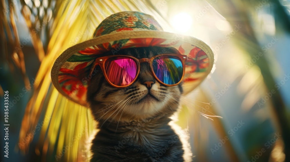 Stylish cat in a tropical-themed hat and bold sunglasses, surrounded by blurred palm trees and warm summer light for an artistic flair Stylish cat in a tropical-themed hat and bold sunglasses, surrounded by blurred palm trees and warm summer light for an artistic flair