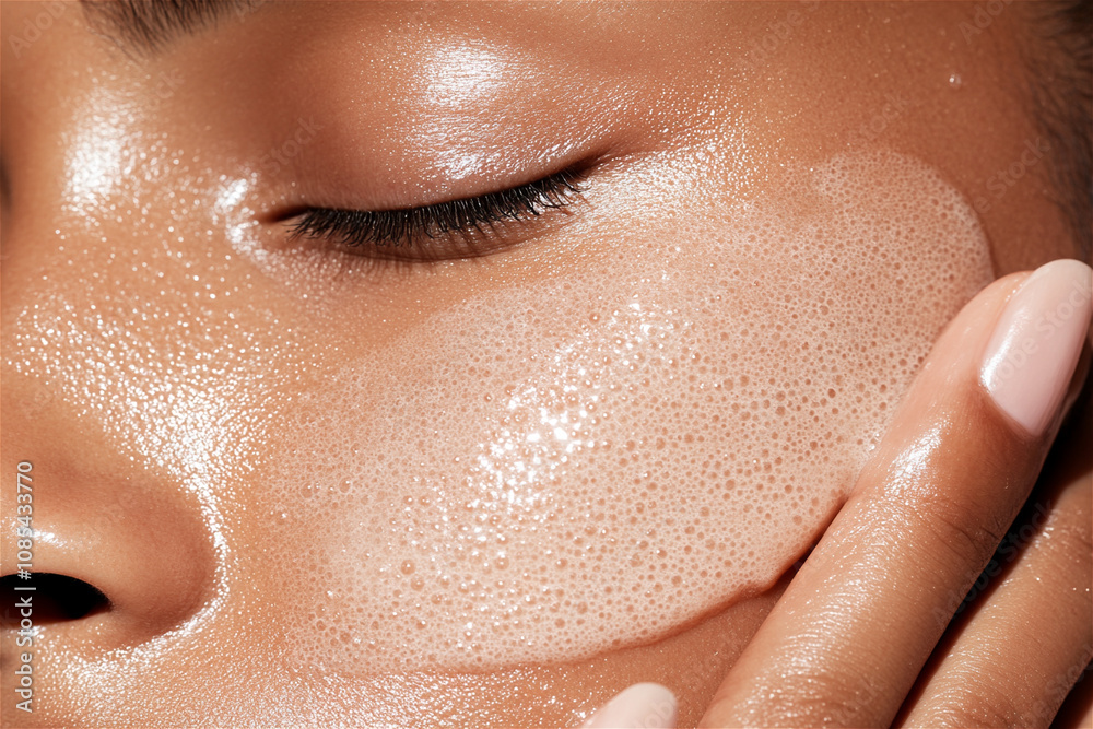 Close-up of a woman receiving a facial treatment with cleansing foam applied by a beautician, promoting healthy skin Close-up of a woman receiving a facial treatment with cleansing foam applied by a beautician, promoting healthy skin