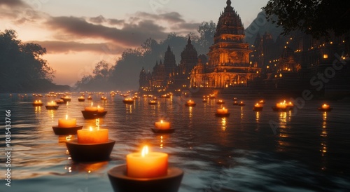 serene scene of floating candles on the river, with traditional Indian temples in the background photo