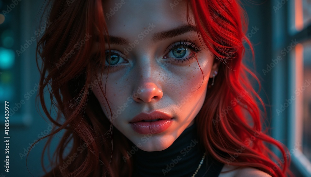 Close-up of a young woman with red hair and freckles. Close-up of a young woman with red hair and freckles.