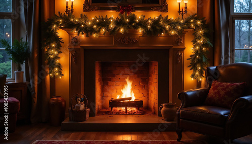 Festive Christmas fireplace with garland and glowing lights. 