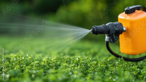 weed control organic herb spray Concept Spraying Weed Killer on Bright Green Weeds in a Lush Garden Environment with Focus on Equipment and Application Techniques photo