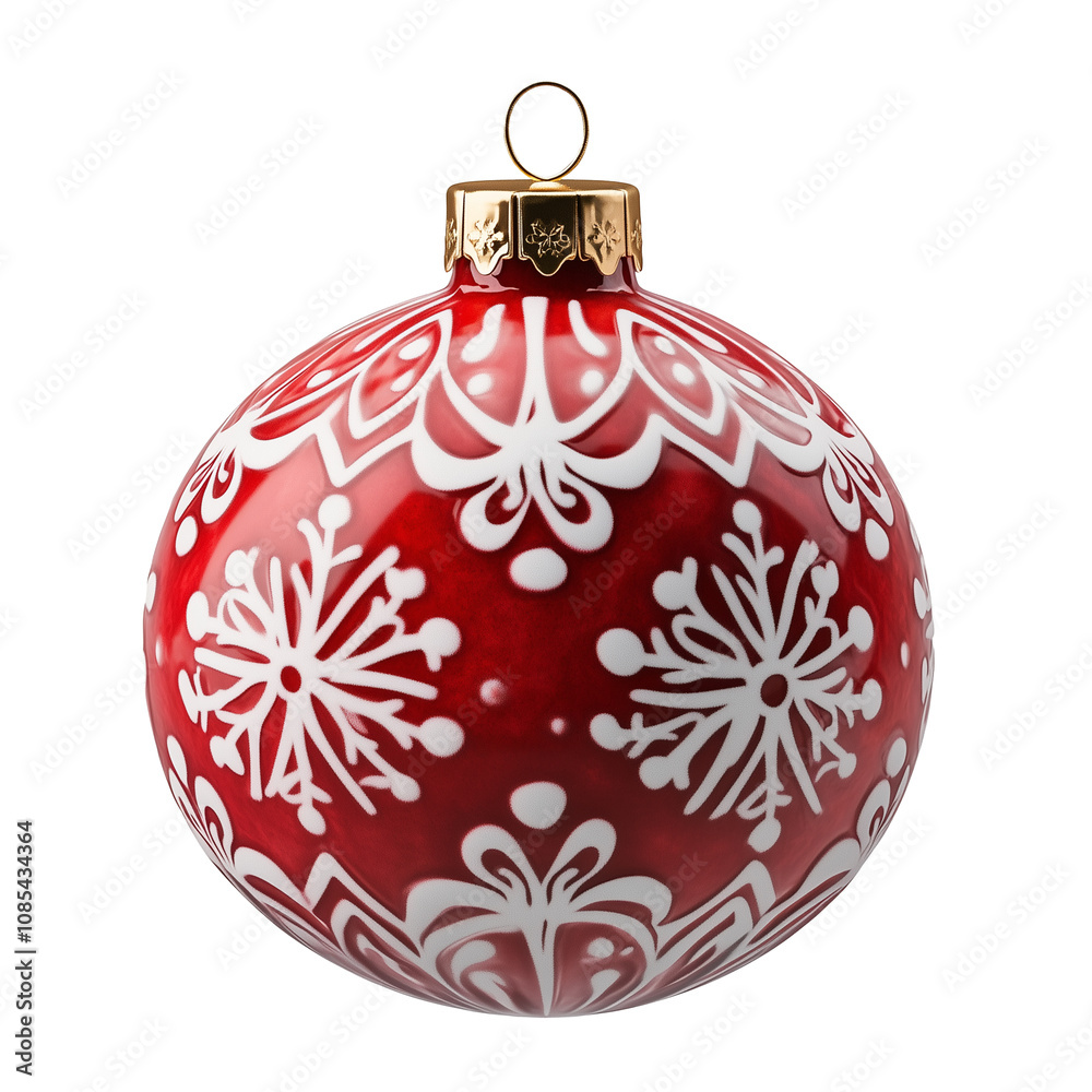 Fototapeta premium Classic red Christmas ornament with white snowflake patterns and golden top isolated on transparent background, png