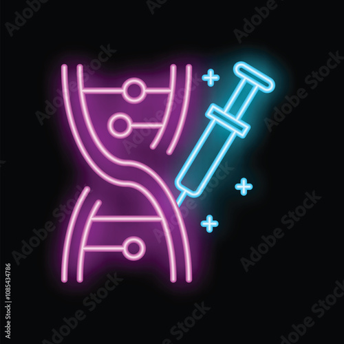 Neon icon of a syringe injecting a dna double helix, representing genetic engineering and gene therapy