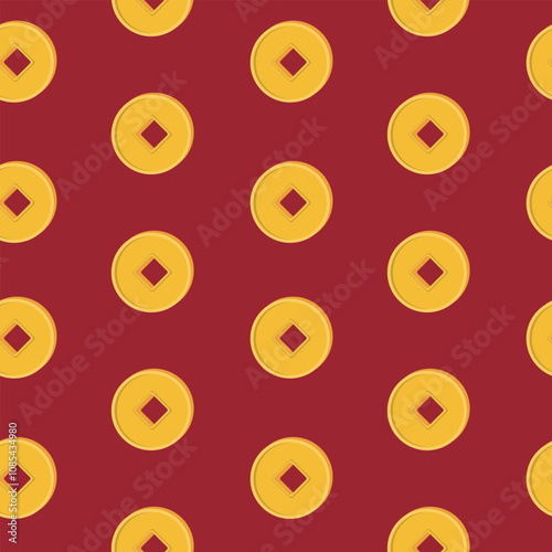 Chinese festive gold coins seamless pattern on red background. Feng Shui talismans Chinese coins. Vector wallpaper for Chinese New Year