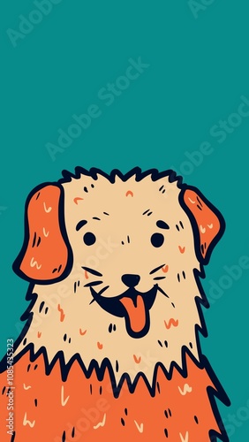 Happy fluffy dog with orange ears and tongue out.