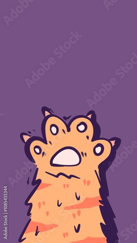 Orange cat paw extends from purple background fur visible.