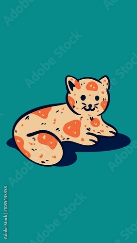 Orange spotted cat rests teal background simple design