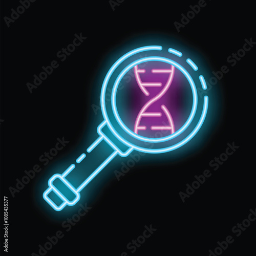 Neon magnifying glass zooming in on a dna double helix on a black background