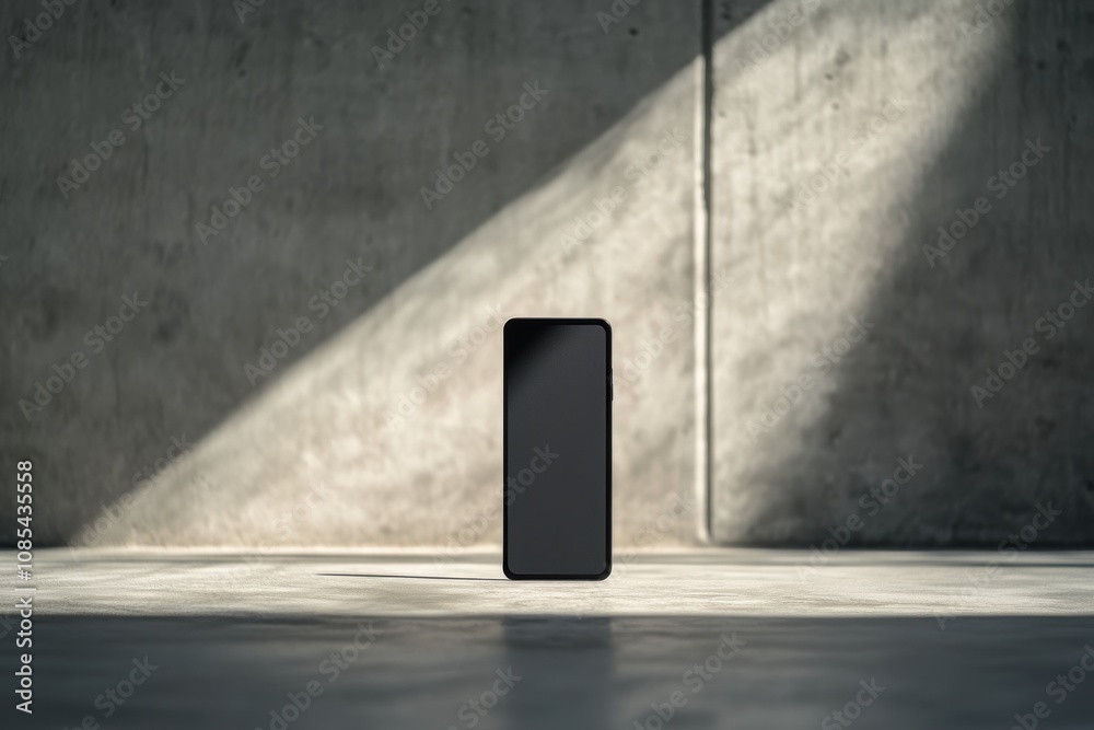 smartphone black screen mockup stands on mysterious dark industrial room