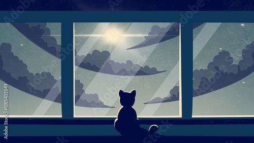 A cat sits by a window watching night sky clouds.