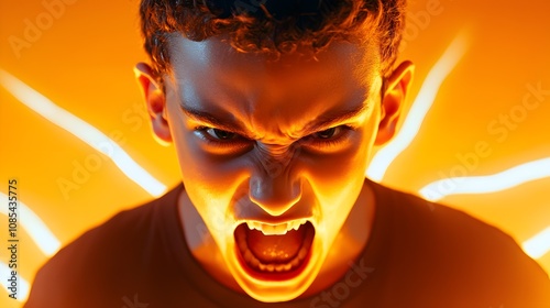 Close-up portrait of furious preteen boy, eyes wide in anger, mouth open in a scream, dramatic lighting, concept of emotional breakdown, expressive face