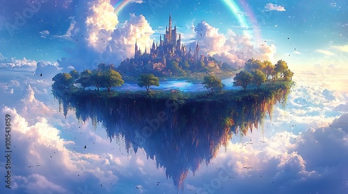 Fantasy landscape with floating islands and rainbows