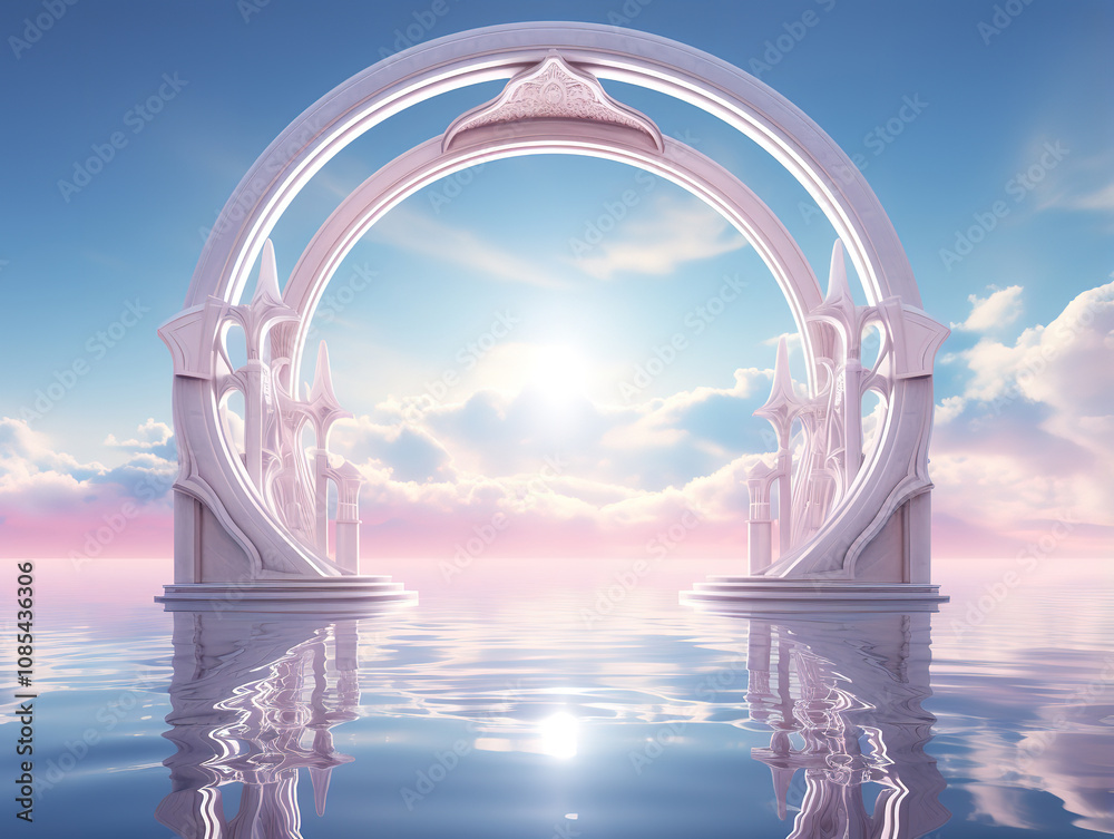 Fototapeta premium Generous 3d render, abstract panoramic background, northern futuristic landscape, with calm water