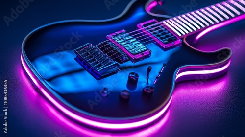 Electric guitar close-up, deep blue and pink neon lights reflecting on strings, creating an energetic and futuristic vibe, bokeh effect photo