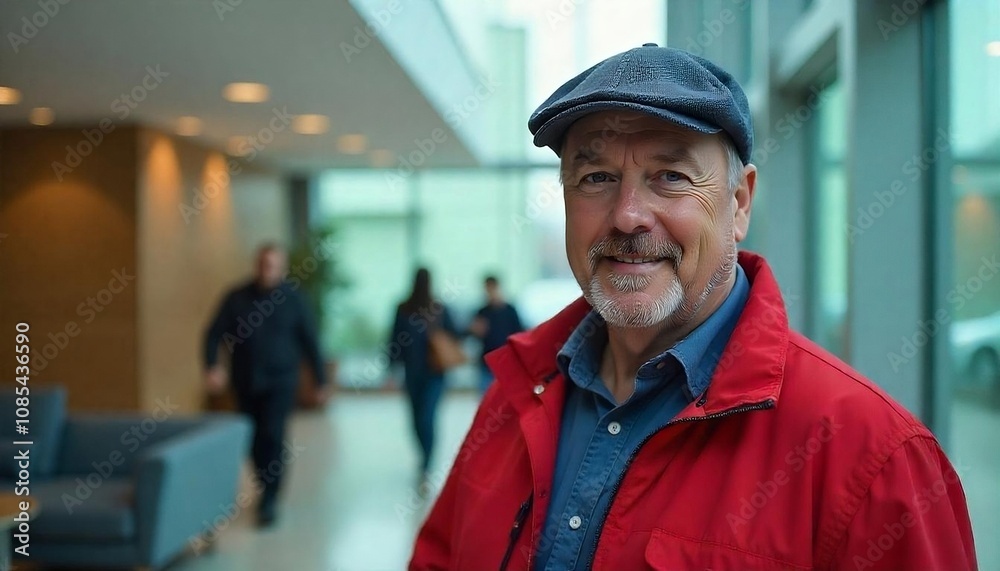 A middle-aged Caucasian man wearing a red jacket and a blue hat, standing in a glass-walled office or building lobby, with blurred background elements, created with generative ai