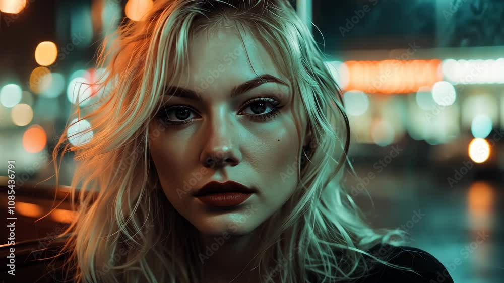 Woman in Cafe at Night, Looking at Camera - City Lights and Reflections Woman in Cafe at Night, Looking at Camera - City Lights and Reflections