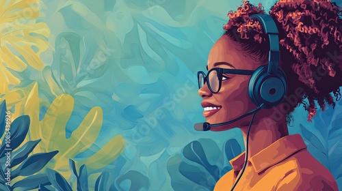 A call center representative, an African woman, or a smiling VoIP user can consult, listen, or get in touch with us in the office. A female consultant, customer service representative.