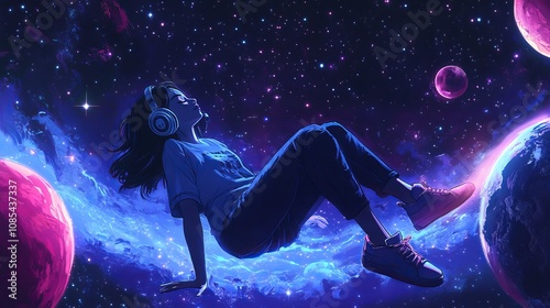 A lovely anime girl using headphones and drifting through space while enjoying music. Manga, a cartoon illustration of a lovely woman lounging. Lofi hip-hop tunes. A study girl relaxing. 