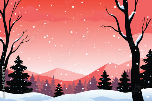 A serene winter scene depicting soft snowflakes gently falling over a picturesque landscape of snow-dusted pine trees.