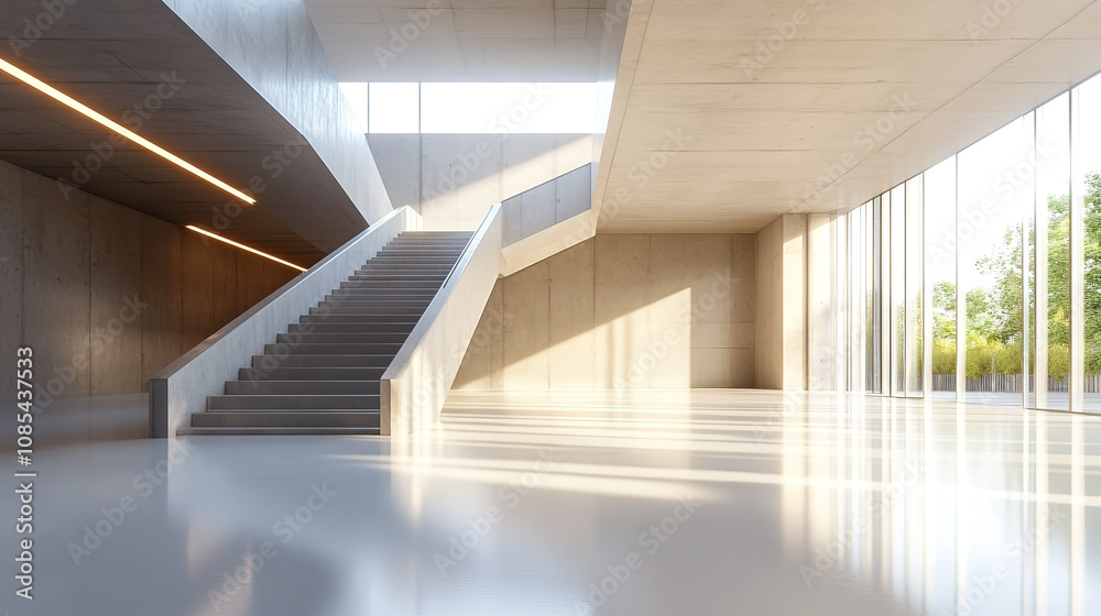 Extremely simple white architectural interior space with stairs Extremely simple white architectural interior space with stairs