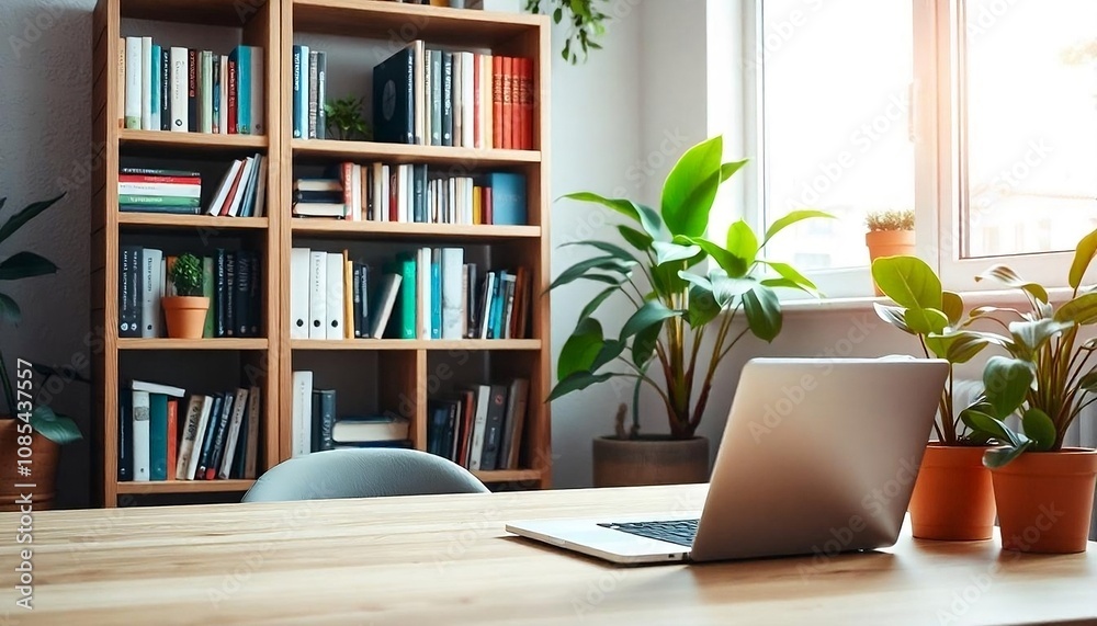 A modern office space with a wooden shelving unit filled with books and potted plants, a laptop on a desk in the foreground, office interior, created with generative ai A modern office space with a wooden shelving unit filled with books and potted plants, a laptop on a desk in the foreground, office interior, created with generative ai
