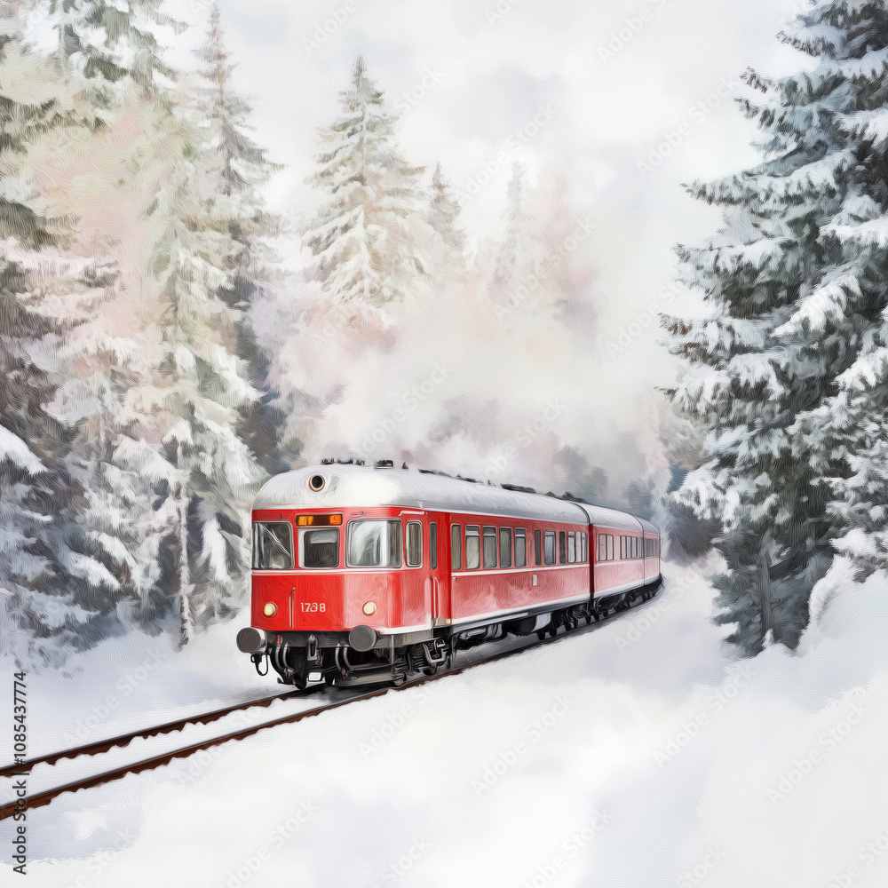 A watercolour train painting, winter scenery with a red train on a track track surrounded by snowy pine trees A watercolour train painting, winter scenery with a red train on a track track surrounded by snowy pine trees