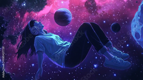 A lovely anime girl using headphones and drifting through space while enjoying music. Manga, a cartoon illustration of a lovely woman lounging. Lofi hip-hop tunes. A study girl relaxing. 